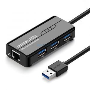 Adaptor de rețea Ugreen 20265 USB-A / RJ45 1000 Mbps HUB 3x USB 3.0 - negru