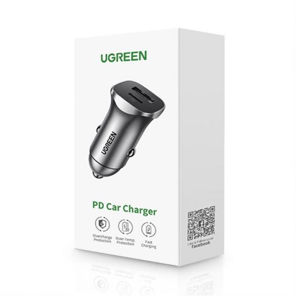 Încărcător auto Ugreen CD130 cu două porturi (USB A+PD) gri