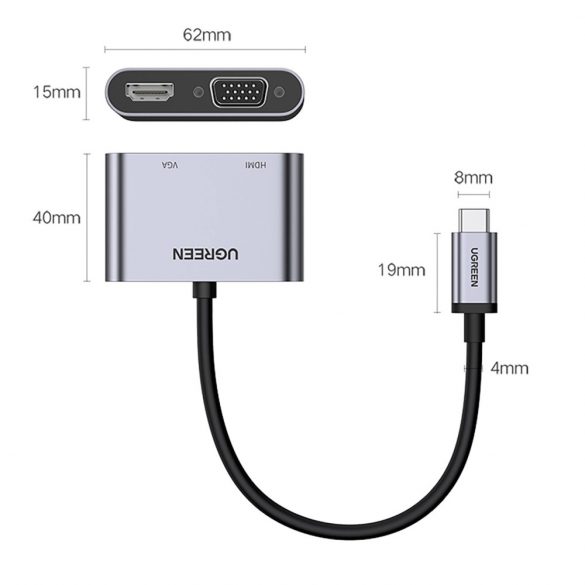 Ugreen CM162 50505 USB-C - Adaptor HDMI / VGA / USB-A 3.0 / USB-C PD - gri