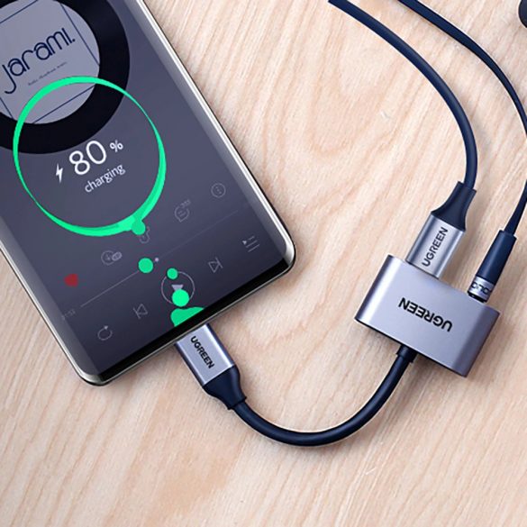 Adaptor audio Ugreen CM193 50596 cu două porturi USB-C (mascul) - mini mufă 3,5 mm / USB-C (femă) - gri