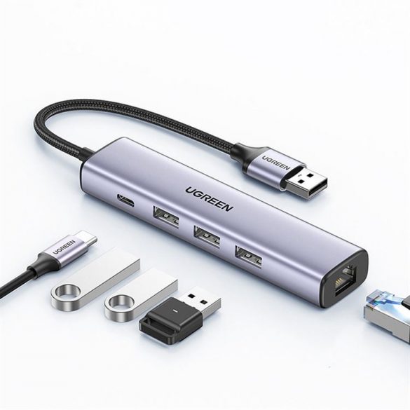 Adaptor multifuncțional Ugreen HUB USB 3.0 - 3 x USB / Ethernet RJ-45 / USB Tip C PD gri (CM475)