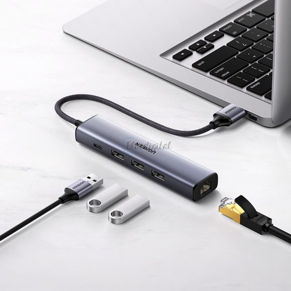 Adaptor multifuncțional Ugreen HUB USB 3.0 - 3 x USB / Ethernet RJ-45 / USB Tip C PD gri (CM475)