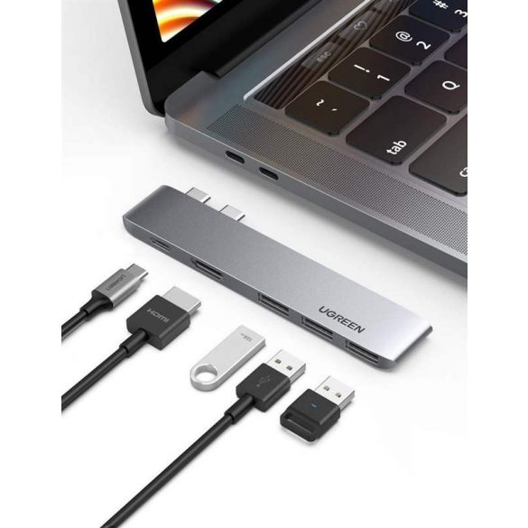 Ugreen HUB multifuncțional 2x USB Type-c - USB Type-c PD (Thunderbolt 3, 100W, 4K @ 60 Hz, 10 Gbps) / HDMI 4K @ 30 Hz / 3x USB 3.0 MacHusă tip carte Pro / Air gri (60559)