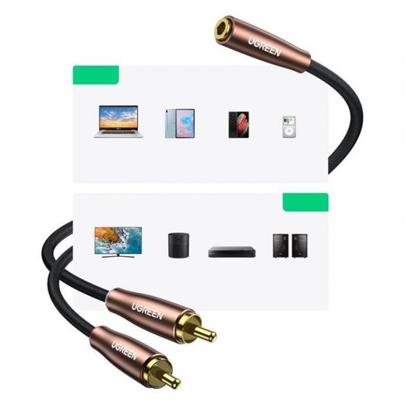 Cablu audio Ugreen 3,5 mm mini jack (mama) - 2RCA (tata) 3m maro (AV198 60987)