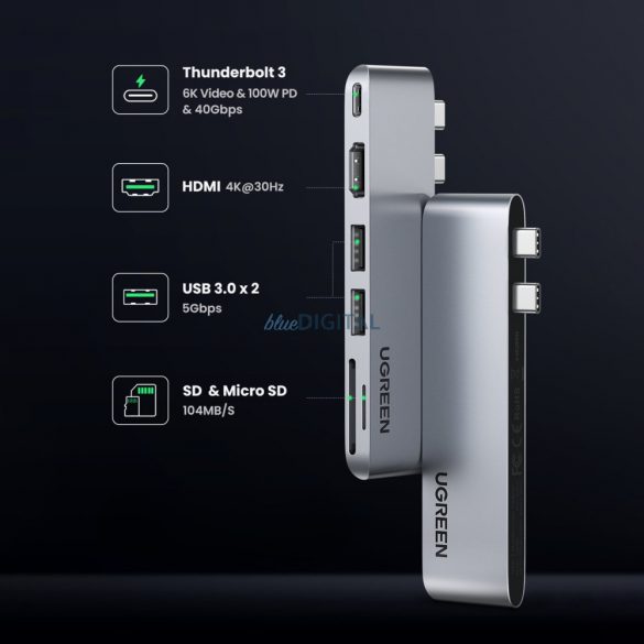 HUB Ugreen CM380 2xUSB C - HDMI/2xUSB 3.0/SD TF/USB C PD - gri