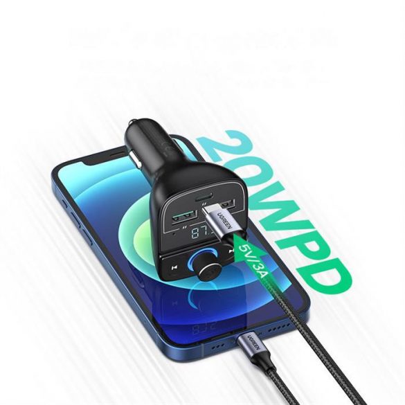 Ugreen Transmițător FM Bluetooth 5.0 încărcător auto MP3 3x USB TF micro SD 4,8 A negru (CD229)