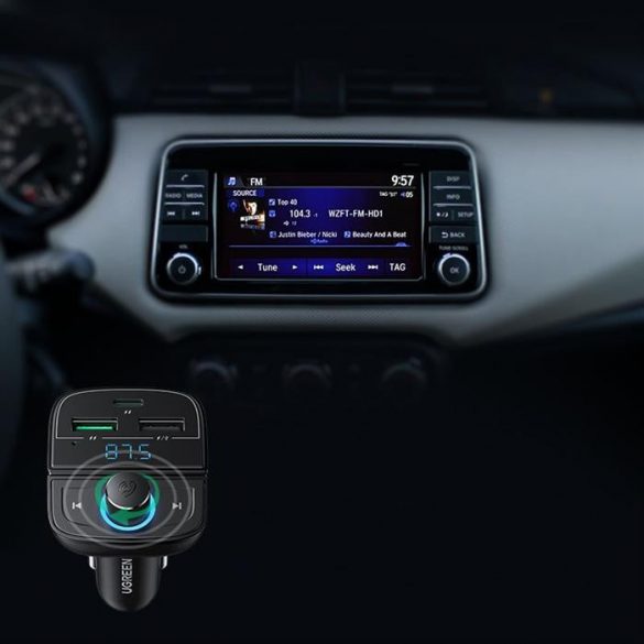 Ugreen Transmițător FM Bluetooth 5.0 încărcător auto MP3 3x USB TF micro SD 4,8 A negru (CD229)