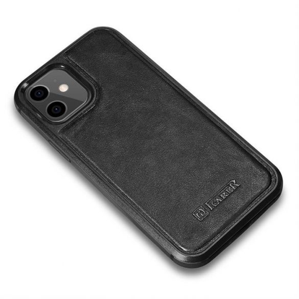 Husă iCarer Leather Oil Wax acoperită cu piele naturală pentru iPhone 12 mini neagră (ALI1204-BK)