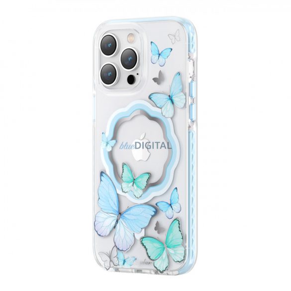 Husa magnetica Kingxbar Butterfly Series pentru iPhone 14 Pro MagSafe decorata cu imprimeu fluturi albastri