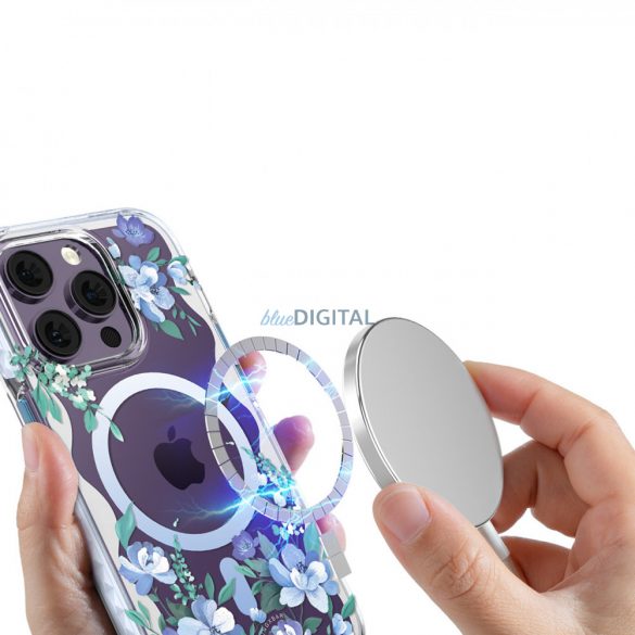 Husa magnetica Kingxbar Flora Series pentru iPhone 14 Plus MagSafe decorata cu imprimeu cu flori de orhidee