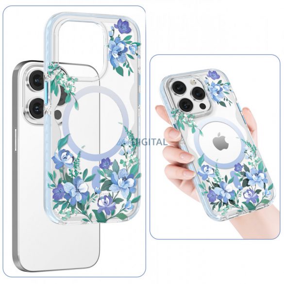 Husa magnetica Kingxbar Flora Series pentru iPhone 14 Plus MagSafe decorata cu imprimeu cu flori de orhidee