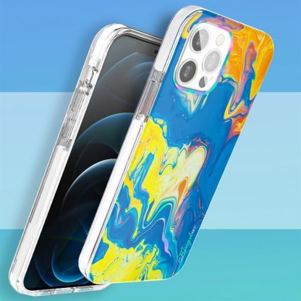 Husa color Kingxbar Watercolor Series pentru iPhone 12 Pro / iPhone 12 galbenalbastru