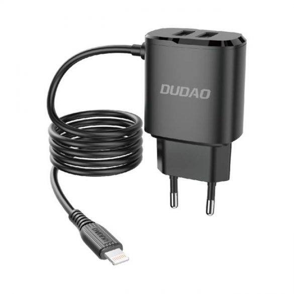 Dudao 2x încărcător de perete USB încorporat cablu Lightning negru (A2ProL negru)