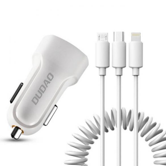 Dudao kit auto 2x încărcător USB 2.4a + cablu 3in1 Lightning / Type-C USB-C / micro USB alb (R7 alb)