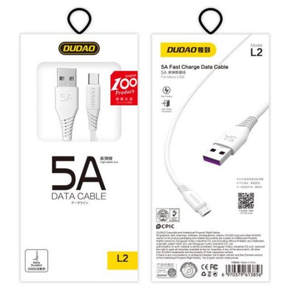 Dudao USB / Tip-c USB FASST încărcare cablu de date 5A 2m alb (L2T 2m alb)