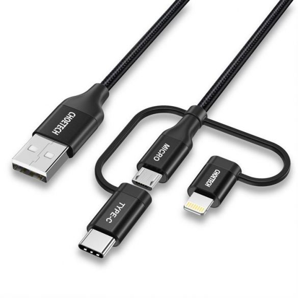 Cablu MFI Choetech 3in1 USB - USB Type C / micro USB / Lightning (încărcare 3A / transmisie date 480 Mbps) 1,2 m negru (IP0030-BK)