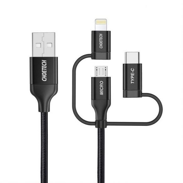 Cablu MFI Choetech 3in1 USB - USB Type C / micro USB / Lightning (încărcare 3A / transmisie date 480 Mbps) 1,2 m negru (IP0030-BK)