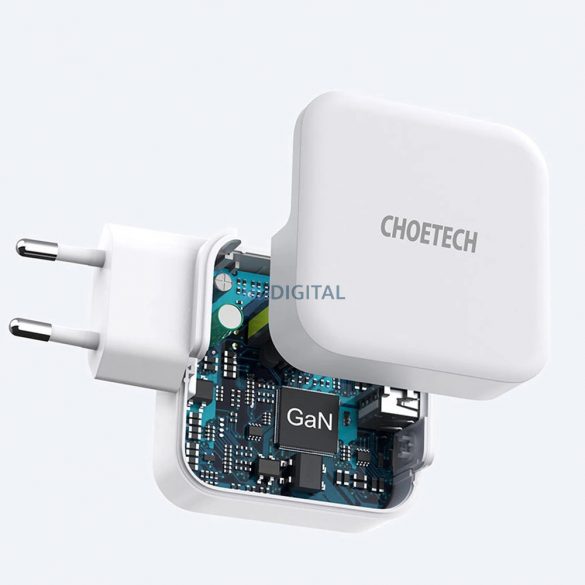 Choetech PD8002 încărcător de rețea cu 1xUSB-A și 1x-USB-C conexiune GaN QC3.0 65W 3.25A - alb