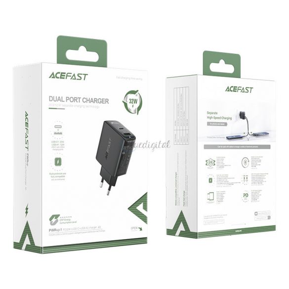 Încărcător de perete Acefast USB tip C / USB 32W, PPS, PD, QC 3.0, AFC, FCP negru (A5 negru)