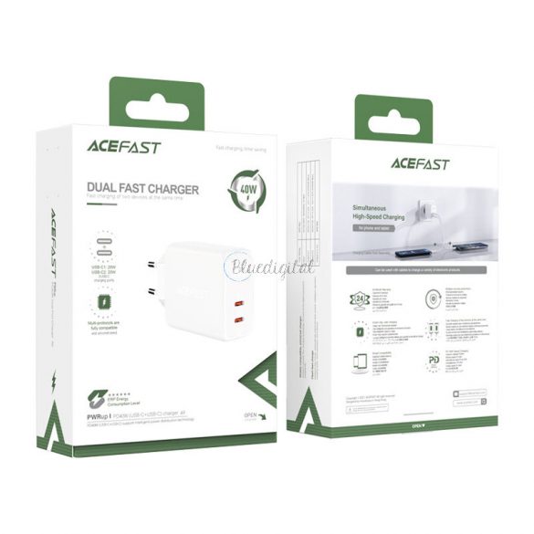 Acefast încărcător 2x USB Tip C 40W, PPS, PD, QC 3.0, AFC, FCP alb (A9 alb)