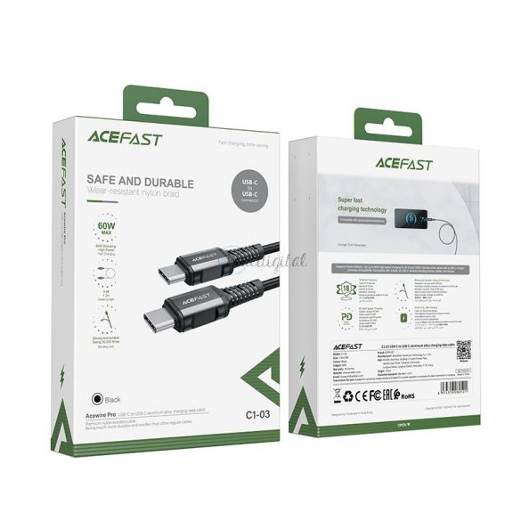 Cablu Acefast USB tip C - USB tip C 1,2 m, 60 W (20 V / 3 A) negru (C1-03 negru)