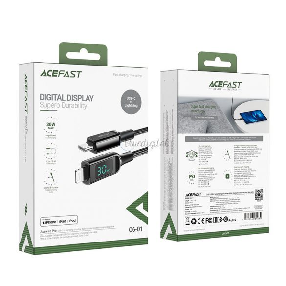 Acefast cablu MFI USB Tip C - Lightning 1.2m, 30W, 3A negru (C6-01 Negru)