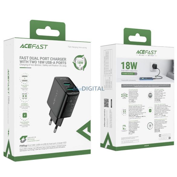 Încărcător Acefast 2x USB 18W QC 3.0, AFC, FCP negru (A33 negru)