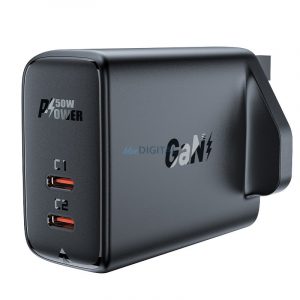 Încărcător Acefast GaN (priză UK) 2x USB tip C 50W, furnizare de energie, PPS, Q3 3.0, AFC, FCP negru (A32 UK)