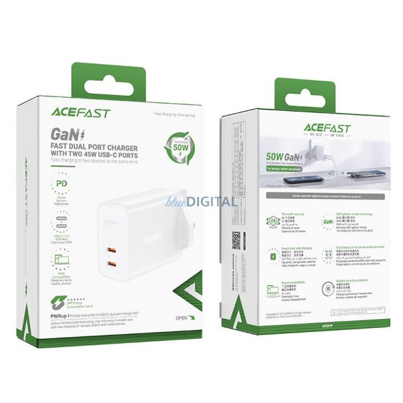 Încărcător Acefast GaN (priză UK) 2x USB tip C 50W, furnizare de energie, PPS, Q3 3.0, AFC, FCP (A32 UK)