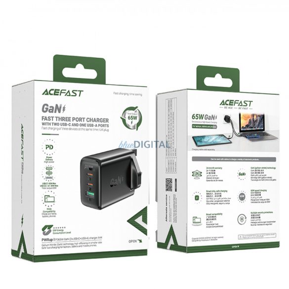 Încărcător Acefast GaN 65W 3 porturi (1xUSB, 2xUSB C PD) mufă britanică neagră (A44)