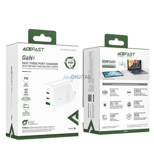 Încărcător Acefast GaN 65W 3 porturi (1xUSB, 2xUSB C PD) mufă UK albă (A44)