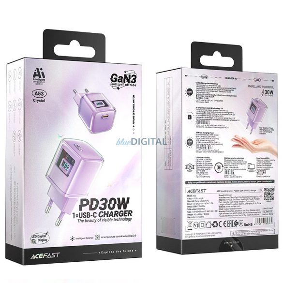 Incarcator Acefast A53 PD 30W GaN USB-C cu display - violet