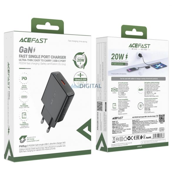 Incarcator de perete Acefast A65 PD 20W GaN USB-C - negru