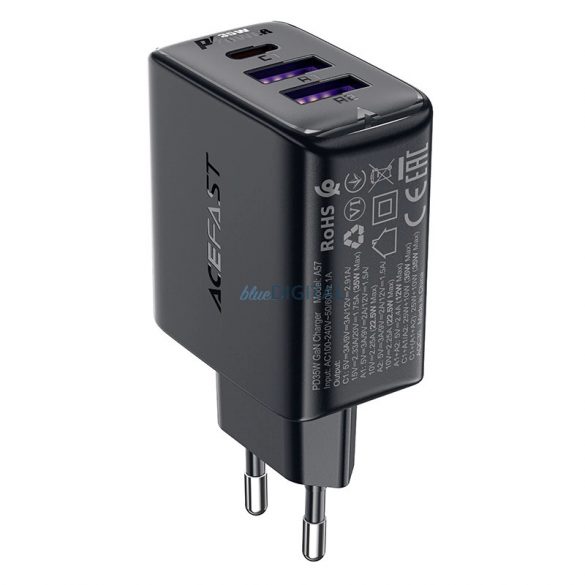 Încărcător Acefast A57 PD 35W GaN 2 x USB-A + USB-C cu 3 porturi - negru