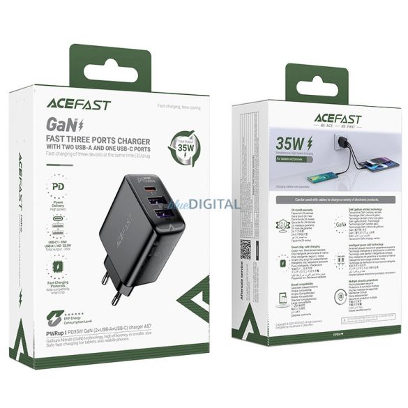 Încărcător Acefast A57 PD 35W GaN 2 x USB-A + USB-C cu 3 porturi - negru