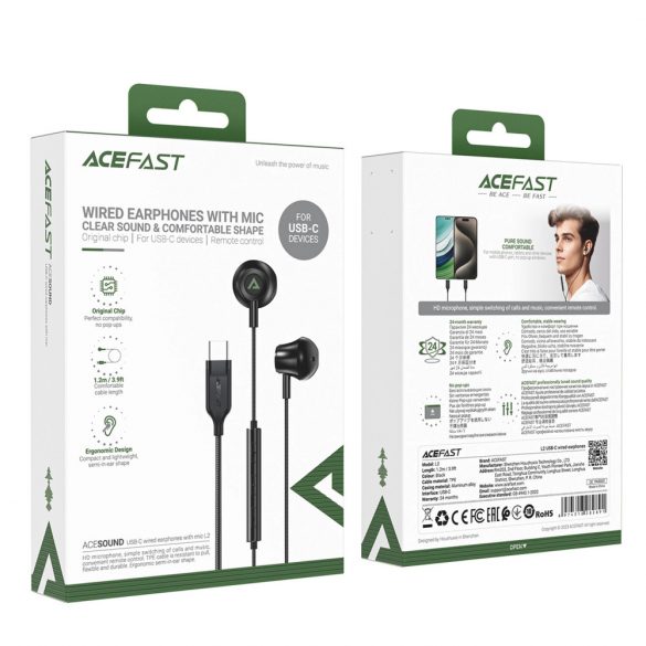 Căști intraauriculare Acefast L2 cu conector USB-C, microfon și telecomandă 1,2 m - negru