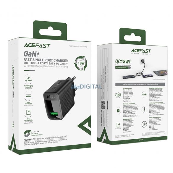 Încărcător de rețea Acefast A90 cu conexiune 1xUSB-A GaN QC 18W - negru