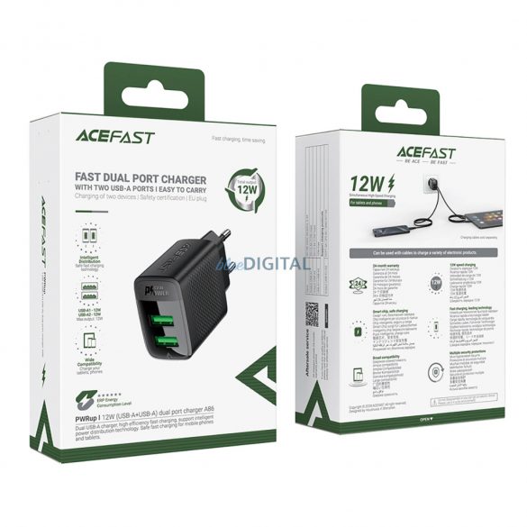 Încărcător de rețea Acefast A86 cu conexiune 2xUSB-A 12W - negru