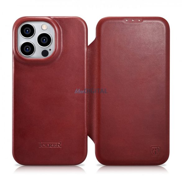 iCarer CE Oil Wax Premium piele Folio husă din piele pentru iPhone 14 Pro Flip Magnetic MagSafe Red (AKI14220706-RD)