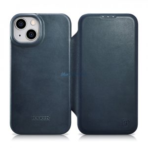 iCarer CE Oil Wax Husă din piele Premium Folio Husă din piele pentru iPhone 14 Plus Flip Magnetic MagSafe Blue (AKI14220707-BU)