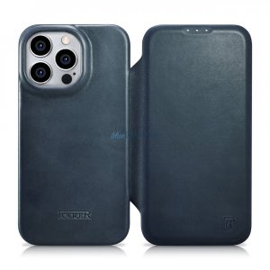 iCarer CE Oil Wax Husă din piele Premium Folio Husă din piele pentru iPhone 14 Pro Max Flip Magnetic MagSafe Blue (AKI14220708-BU)