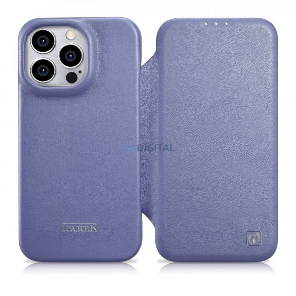 Husă folio din piele premium iCarer CE pentru iPhone 14 Pro Flip Magnetic MagSafe violet deschis (WMI14220714-LP)