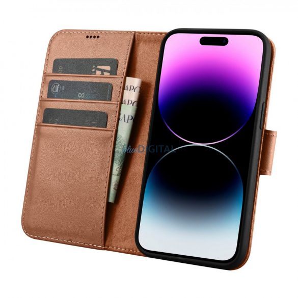 iCarer Wallet Husă 2in1 iPhone 14 Pro Flip Leather Husă Anti-RFID maro (WMI14220726-BN)