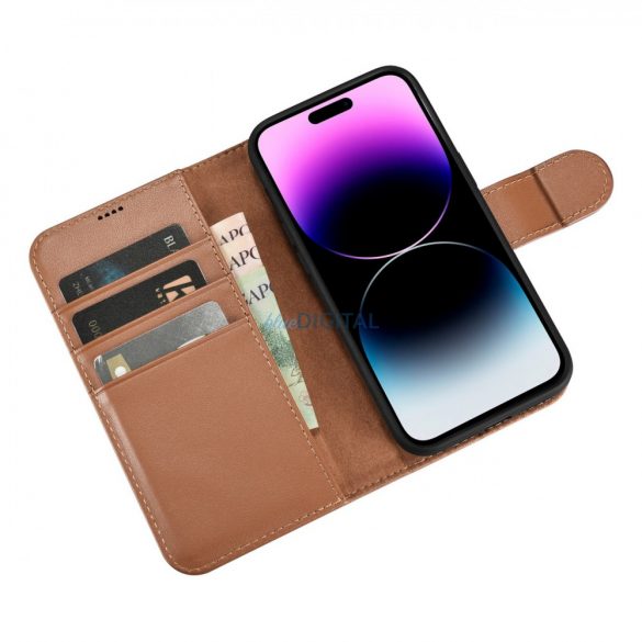 iCarer Wallet Husă 2in1 iPhone 14 Pro Flip Leather Husă Anti-RFID maro (WMI14220726-BN)