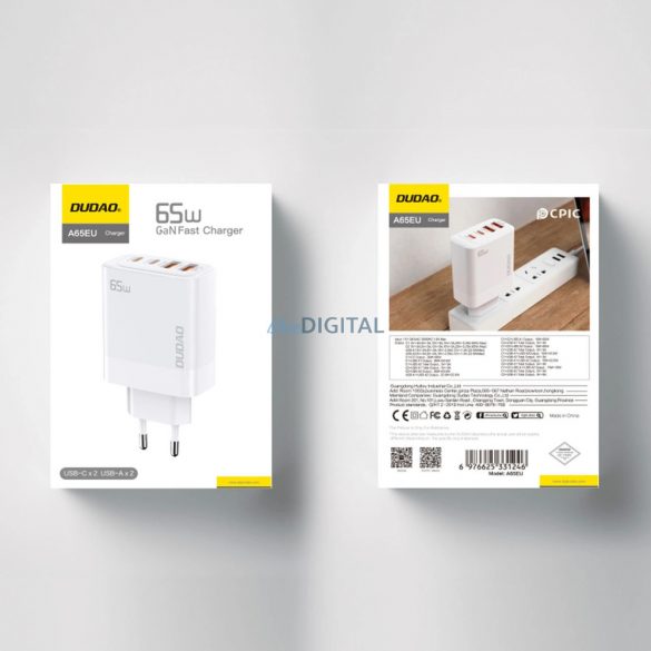 Incarcator de retea Dudao A65EU GaN 2xUSB-A / 2xUSB-C PD 65W - alb