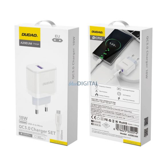 Incarcator de perete Dudao A20EU USB-A 18W - alb + USB-A - cablu micro USB