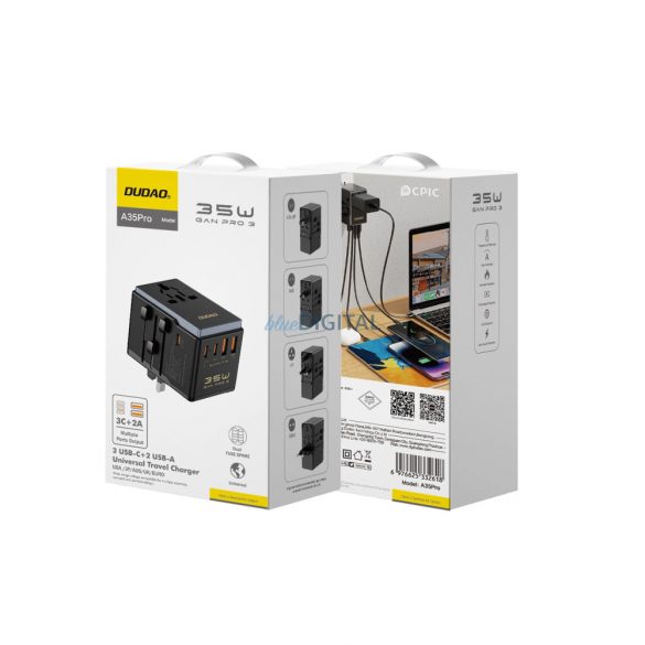 Adaptor de voiaj Dudao A35Pro 35W EU / UK / AUS / US / JP 3x USB-C 2x USB-A - negru