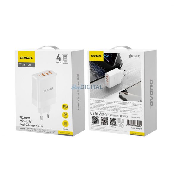 Încărcător de rețea Dudao A5HEU 3x USB-A 1x USB-C PD20W - alb