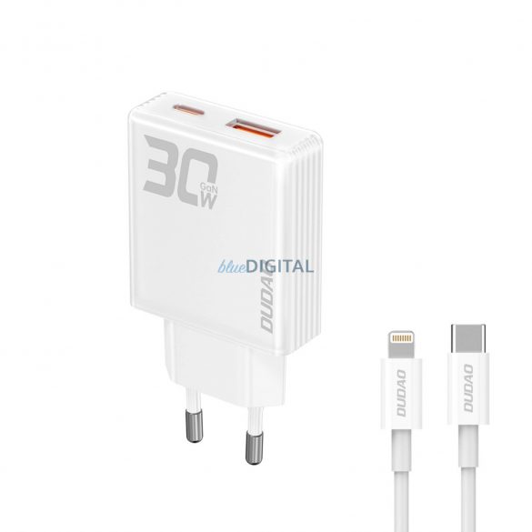 Dudao A30EUL Încărcător de putere cu conexiune 1xUSB-A și 1xUSB-C și cablu Type-C - Lightning 30W - alb