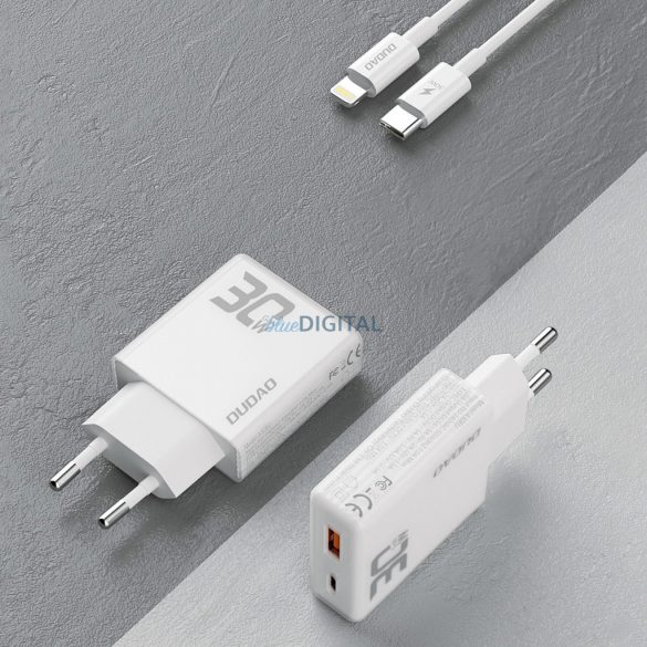 Dudao A30EUL Încărcător de putere cu conexiune 1xUSB-A și 1xUSB-C și cablu Type-C - Lightning 30W - alb